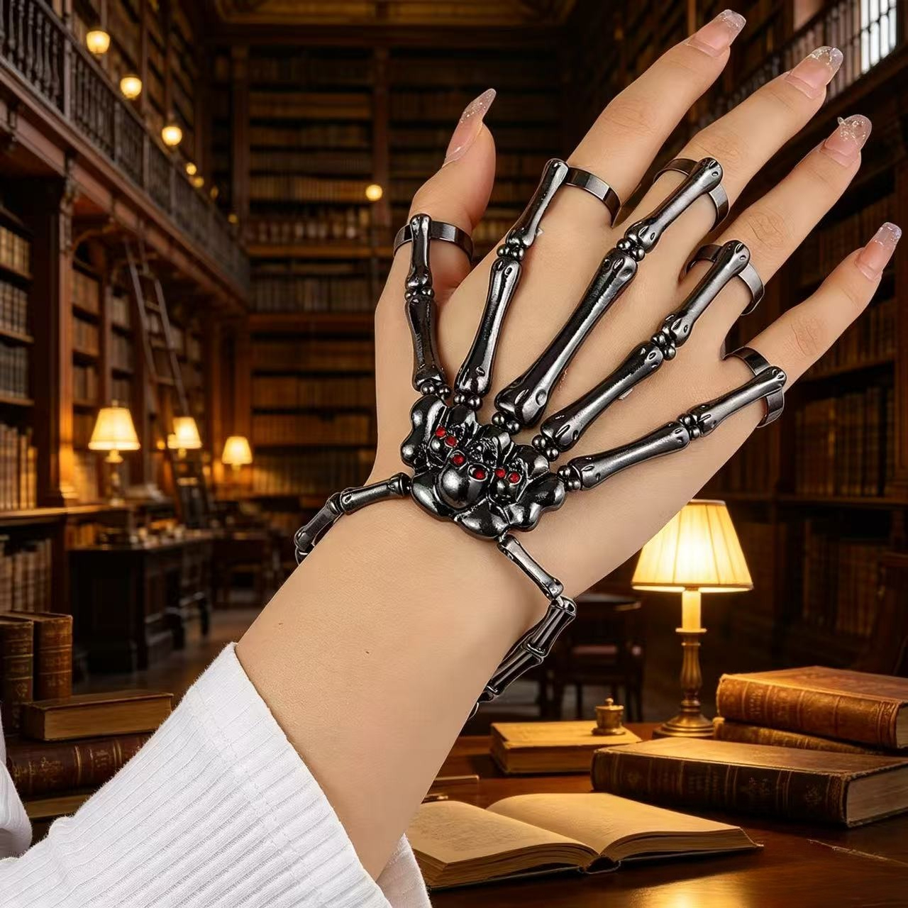 Men Accessories Ring And Bracelet - Gothic Skeleton Hand Bracelet with Rings