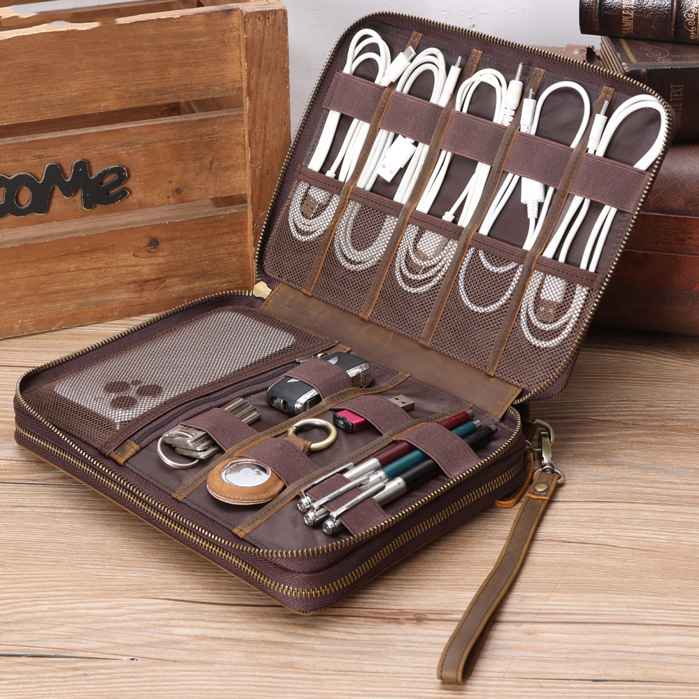 Men'S Accessories Travel Bag - Full Grain Leather Travel Cable Accessories