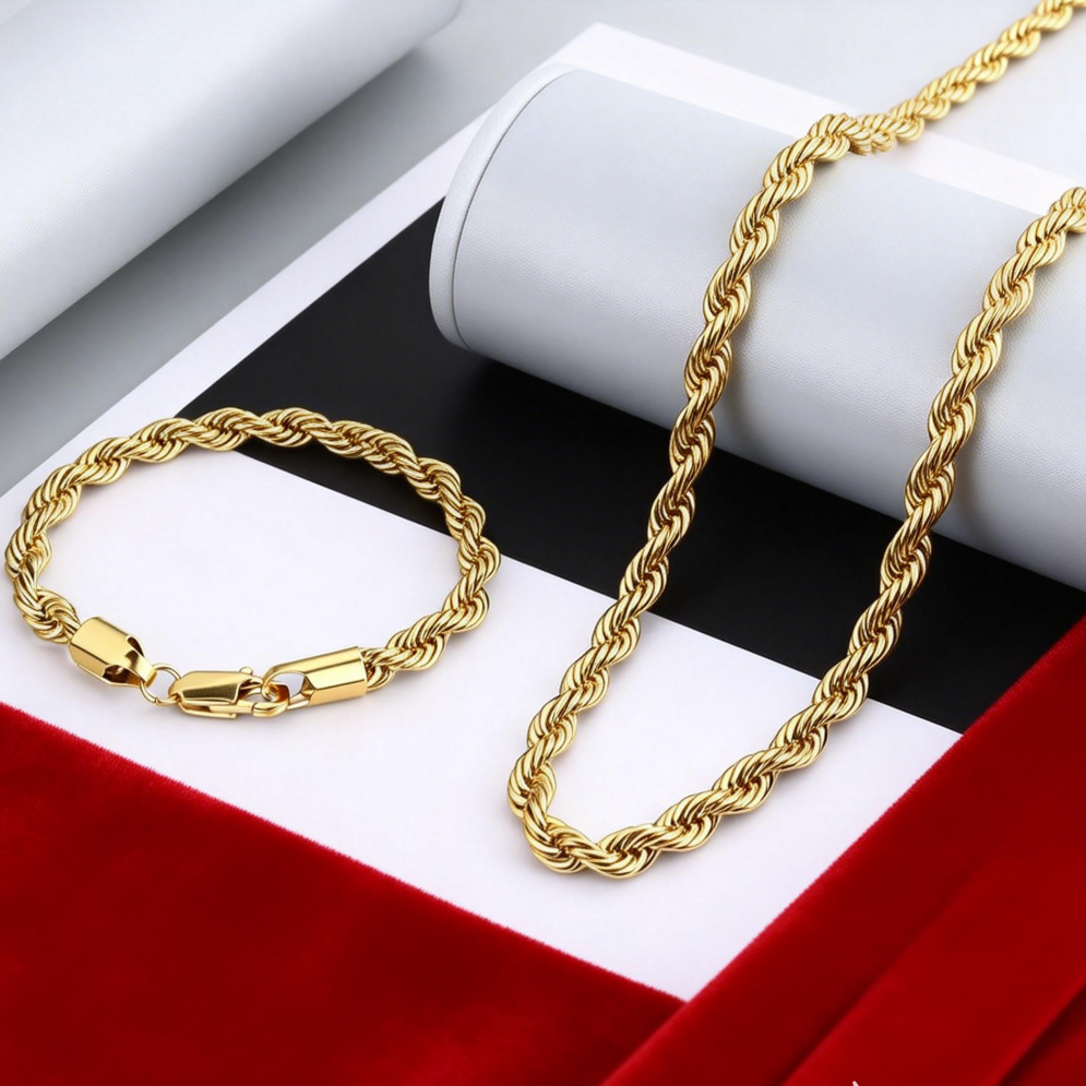 2pcs Fashion 18K Gold 4MM Twis - Men Accessories Chain And Bracelet ulasan dan harga