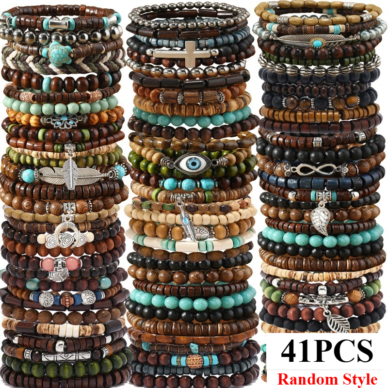 41PCS Natural Wood Elastic Bea - Bead Bracelet Men ulasan dan harga
