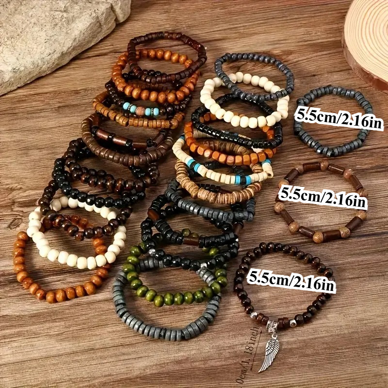 41PCS Natural Wood Elastic Bea - Bead Bracelet Men ulasan dan harga